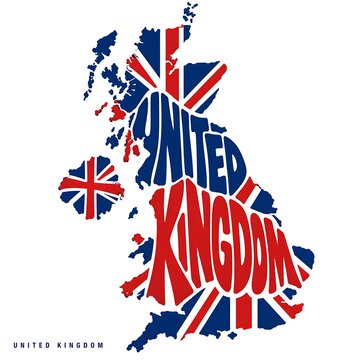 United kingdom map shape stylized with national flag colors and typography geography illustration identity territory patriotic national typographic