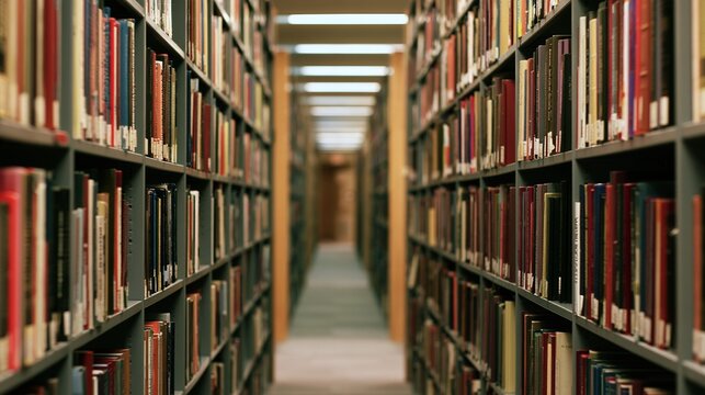 archive. Long corridor of library bookshelves receding, knowledge and perspective concept. real-estate listings.