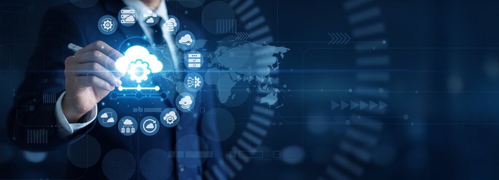 Cloud computing. Architect point of Platform as a Service managing scalable deployment environments and coding frameworks on monitor. Remote servers and web development.