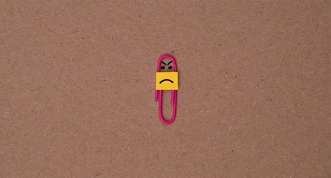 Angry Pink Paper Clip Character symbolizing anger, frustration, irritation, conflict, emotional tension, and intense negative feelings.