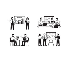 Fototapeta premium Colleagues Discussing Business Charts Vector Team Analyzing Charts Illustration Business Team Data Discussion Silhouette