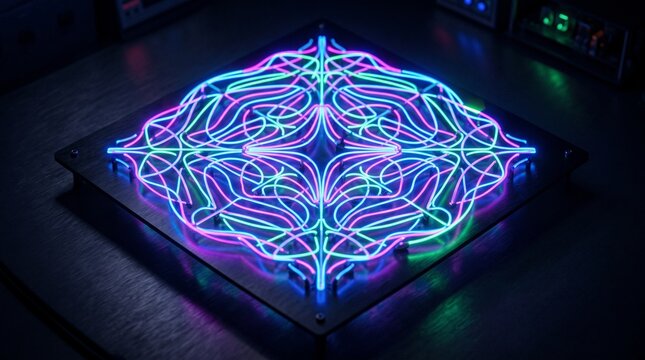 Neon Brain Circuit Pattern Glowing on a Futuristic Square Platform