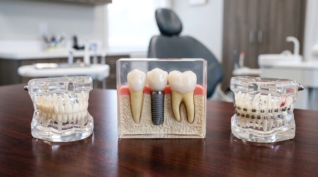 Anatomical cross-section dental implant model and orthodontic bracket typodont on a dark wood grain tabletop