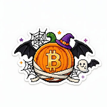 Spooky Halloween theme Bitcoin pixel sticker: Pumpkin, Witch, Bat, Mummy