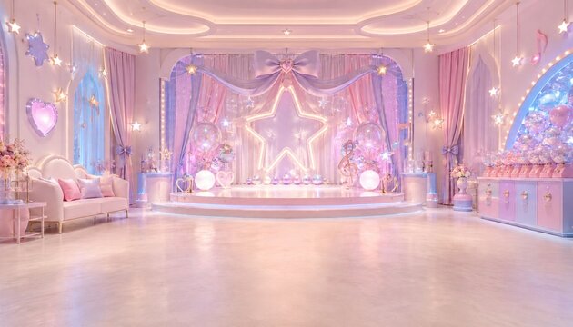 Dreamy pastel party room with glowing star stage and balloons