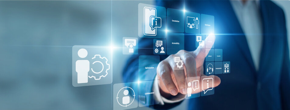 Technical consultant hand touch virtual screen developing IT Consulting strategy plans. Solving complex software problems and upgrading enterprise infrastructure for better scalability.