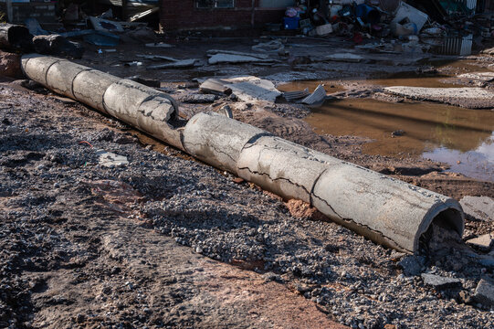 Cement pipe having damaged after Kok river rising and flooded the downtown of Chiang Rai province, Thailand.