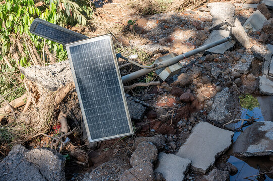 Solar panel poles collapsed after Kok river flooded in Chiang Rai province of Thailand.