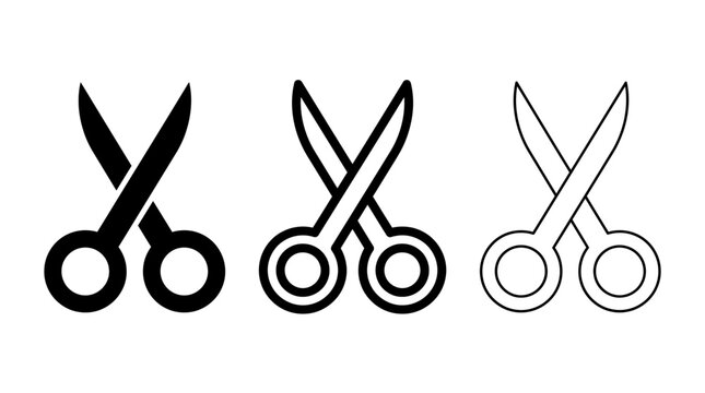 Set of three scissors icons in solid outline and linear style on white background