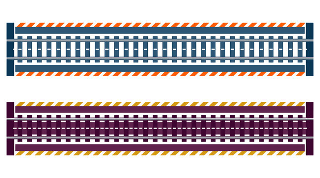 Two segments of flat railway tracks with hazard stripes representing transportation infrastructure, logistics planning, industrial rail system, train