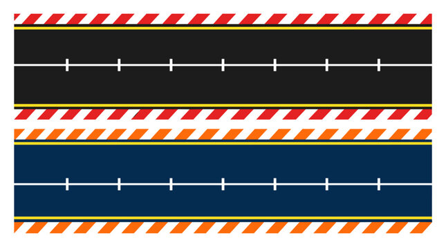 Two horizontal road lane dividers with red and orange hazard stripes, marking lines, industrial safety signals, race track layout, road construction