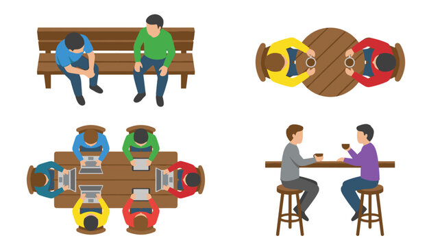 Top down view set of people sitting at tables working on laptops and chatting, isometric social interaction, business meeting, team collaboration