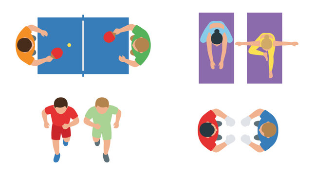 Top down view of diverse sports activities including table tennis, yoga, running, and boxing, fitness recreation concepts for lifestyle infographics