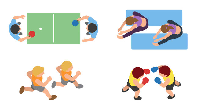 Top down view of people playing table tennis, doing yoga, running, and boxing, sport activities collection, healthy lifestyle, fitness icons