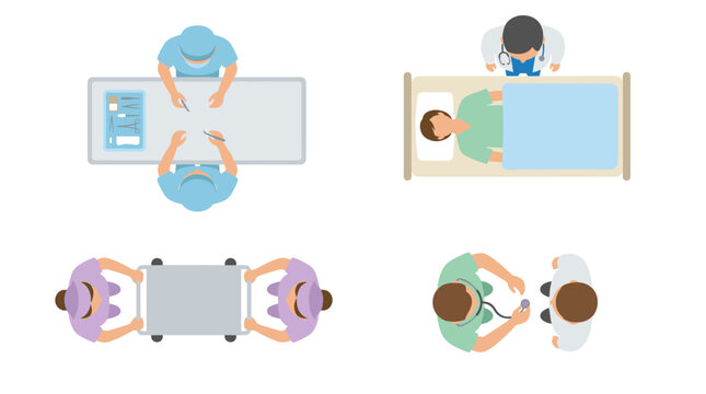 Top down view medical staff and patient in hospital rooms, surgical operation, checkup, care, consultation, clinic healthcare vector illustration
