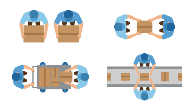 Top down view of warehouse workers handling shipping boxes, logistics operations, supply chain management, cargo distribution and industrial workflow