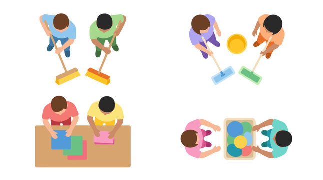 Top down view of diverse people performing cleaning tasks, sweeping floors, organizing laundry, household chores, teamwork maintenance, janitorial
