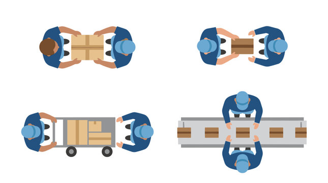 Top down view set of logistics workers handling shipping boxes and warehouse inventory, delivery management, supply chain operations, fulfillment