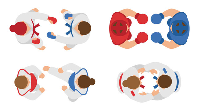 Top down view of martial arts athletes sparring and boxing in competition, combat sports training, physical fitness, active lifestyle, fight club