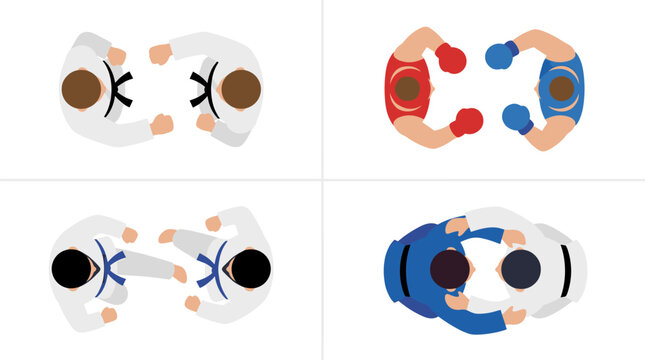 Top down view of martial arts combatants featuring taekwondo sparring, boxing match, judo grappling, sports competition, athletic training