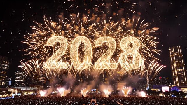 Vibrant Nighttime Fireworks Display Over a Packed Stadium Amid a Murmuring Crowd and Cityscape 2028