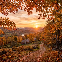 Fototapeta premium Scenic autumn landscape with a winding dirt road leading towards a cozy cabin nestled among vibrant foliage during sunset
