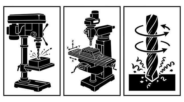 Black and white vector illustration of drill press and milling machine with rotating drill bit and metalworking sparks