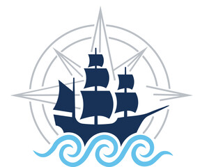 Sailing Ship and Compass Icon — Ocean Voyage, Navigation and Exploration Symbol © Verified