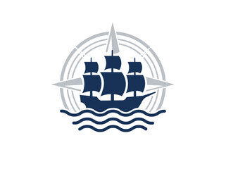 Columbus Day Sailing Ship and Compass Illustration — Nautical Holiday Travel Design © Verified
