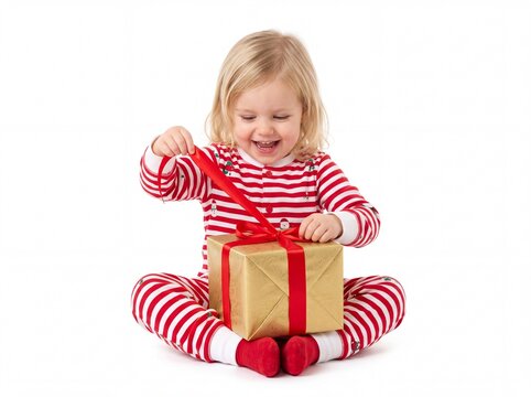Happy toddler opening golden Christmas present