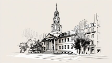 Fototapeta premium Architectural Sketch of Historic Building with Clock Tower Design