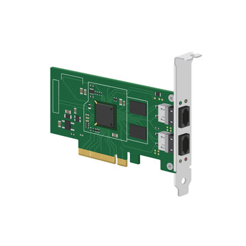 RAID controller card storage controller PCIe expansion card, rectangular PCB with SATA or SAS ports on bracket side, processor chip and cache memory on board, gold PCIe connector edge.