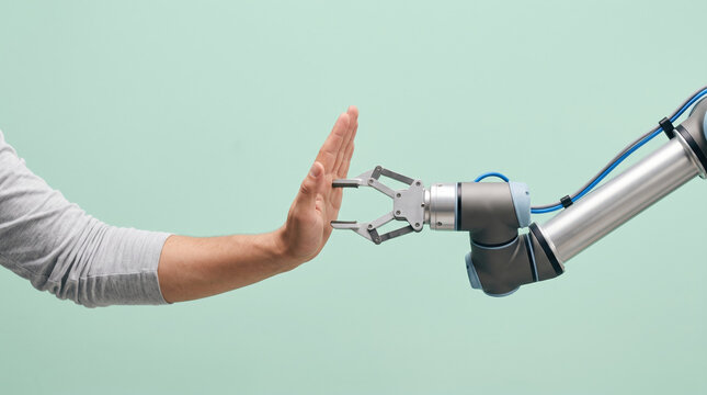 Human hand blocking robotic gripper in gesture of refusal or stop on light green background