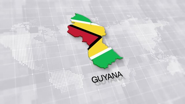 Guyana map with national flag on minimal digital world map background, global political, geographic border for international news concept with white background