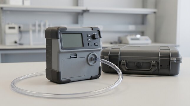 Portable industrial air sampling pump with tubing and protective equipment on a clean environmental inspection work surface for air quality testing, workplace monitoring, laboratory sampling