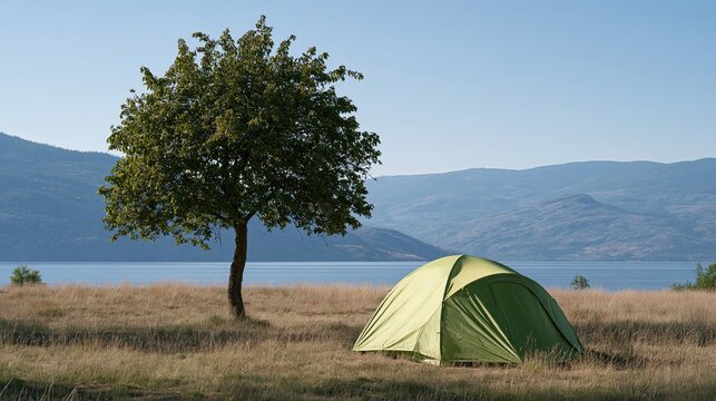 Camping tent on lakeside meadow, solitary tree with morning mist mountain landscape, outdoor camping scene, mountain lake forest vacation scenery