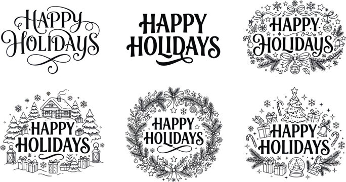 Set of six happy holidays hand drawn calligraphy text labels with decorative winter floral frames Vector, illustration