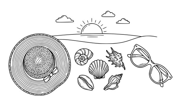 Minimal beach accessories line art with sun hat sunglasses shells and ocean sunset