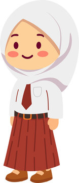 Indonesian Elementary School Girl Cartoon with Hijab and Uniform