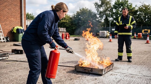 Fire safety training session with woman using extinguisher and tutor