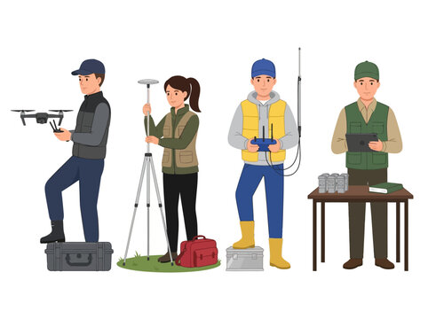 Modern Surveying and Geospatial Technology Illustration Featuring Drone Pilot, Land Surveyor, and GIS Specialists