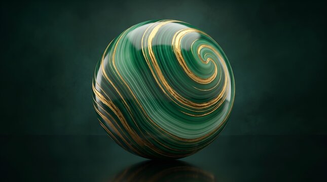 Abstract Glossy Green Malachite Sphere with Golden Swirls Luxury