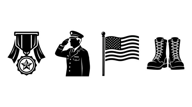 Veterans Day Memorial Icons Set Featuring Military Soldier Saluting Medal Flag and Combat Boots for Patriotic Celebrations