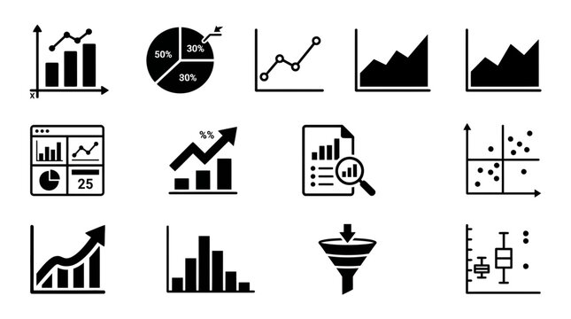 Data visualization icon set featuring various business charts and graphs for financial analysis and reporting on a white background.