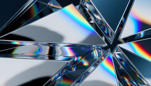 Abstract geometric chrome shards with prismatic light refraction effects