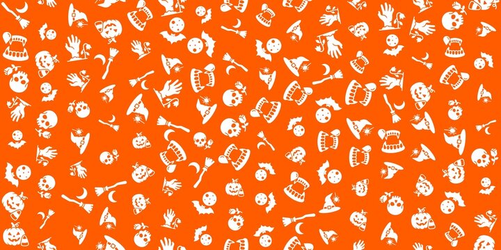 Spooky festive wallpaper featuring repeating white Halloween symbols on a vibrant orange backdrop