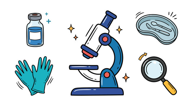 Laboratory Optical Microscope With Vaccine Vial Medical Gloves Scalpels In Kidney Dish Magnifying Glass Science Doodle Vector Illustration