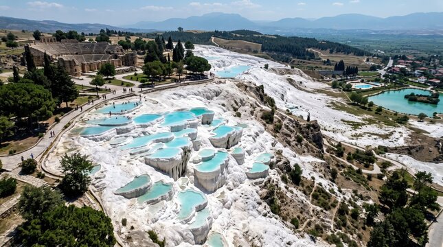 Aerial view of beautiful white travertine terraces with bright blue natural thermal pools cascading down a sunny hillside