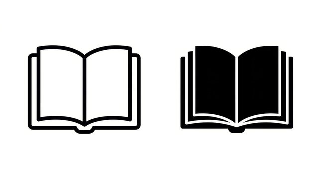 Set of Open Book Icons in Outline and Solid Black Style for Education and Reading Design