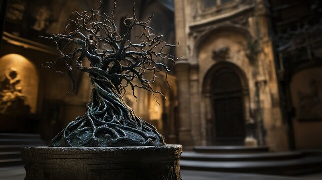 steadiness. A symbolic tree sculpture with intertwining roots and branches on a stone pedestal. gardening catalogs, home-decor guides, designed for home decor and floral branding, celebrates nature.